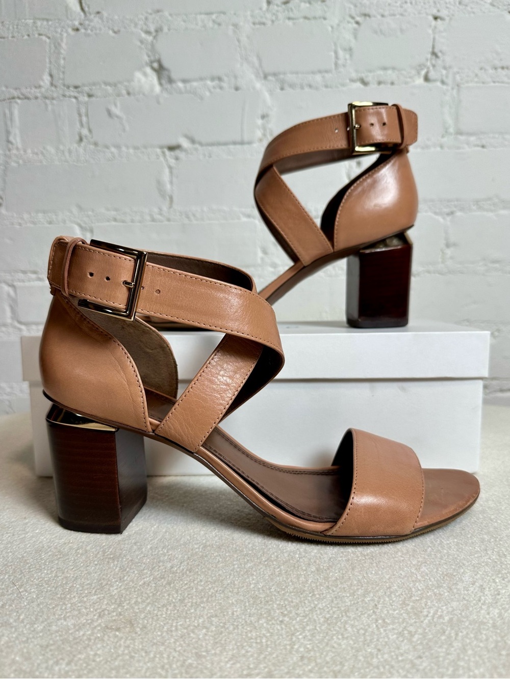 Tory Burch Tabitha Tan Leather Cross-Strap Block Heel Neutral Sandal Gold Accent
